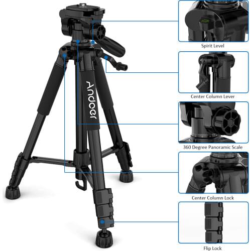 Andoer TTT-663N 57.5inch Travel Camera Tripod Stand Phone Tripod for DSLR SLR with Carry Bag Phone Clamp 2pcs Extra QR Plate