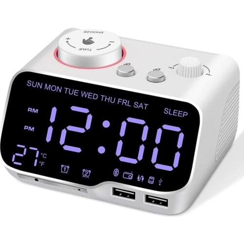 Digital Alarm Clock Radio Bluetooth Speaker,12/24 H,Dimmer,Dual Alarm,Snooze,Thermometer,Sleep Timer White US Plug