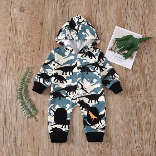 Cartoon Baby Camouflage Dinosaur Jumpsuit Hooded Rompers Autumn Clothes Fashion Casual Long Sleeve Toddler Infant Clothing