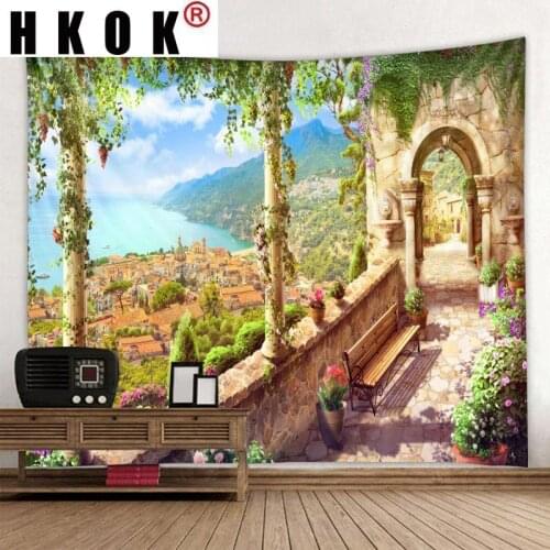 HKOK Retro Castle Tapestry Wall Rugs Wall Hanging Fabric Mural Background Cloth Towel Beach Fabric Blanket Bedroom Home Decor