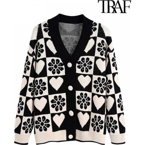 TRAF Women Fashion Jacquard Loose Knit Cardigan Sweater Vintage Long Sleeve Covered Buttons Female Outerwear Chic Tops