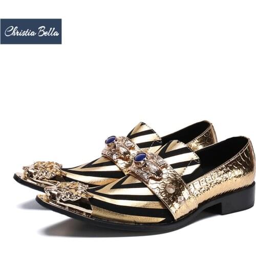 Christia Bella British Style Party Men Dress Shoes Stripe Genuine Leather Formal Shoes Gold Silver Pointed Toe Business Shoes