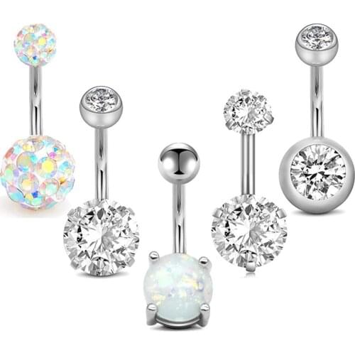 5pcs Jeweled Belly Button Rings 14G Surgical Steel Round Cubic Zirconia Navel Barbell Body Piercing Short Belly Bar 1/4" 3/8"