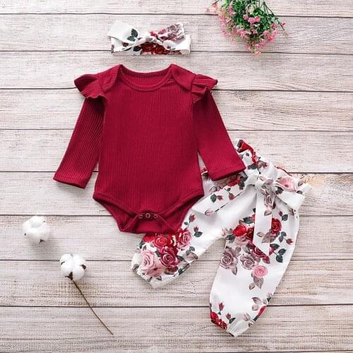 Pudcoco Newborn Baby Girl Clothes Knitting Cotton Long Sleeve Romper Tops Flower Print Long Pants Headband 3Pcs Outfits Clothes