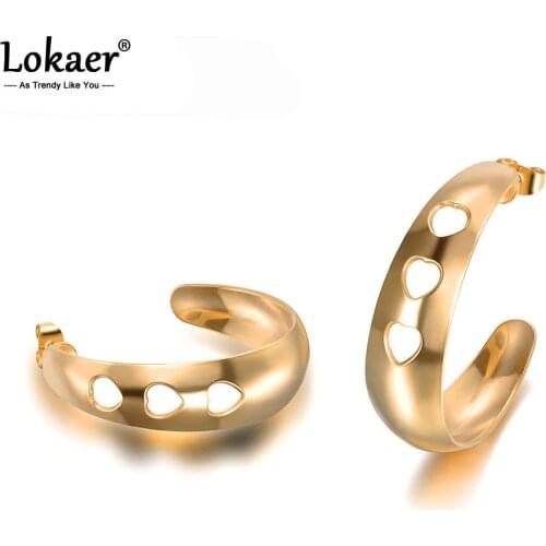 Lokaer Bohemia Stainless Steel Gold & Silver Color Heart Star Shape Stud Earrings Exaggeration Office Style For Women E18335