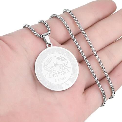 Cxwind Fashion Coin Constellation Cancer Pendant Necklace Stainless Steel Zodiac Round Necklaes for women Gift Choker Jewelry