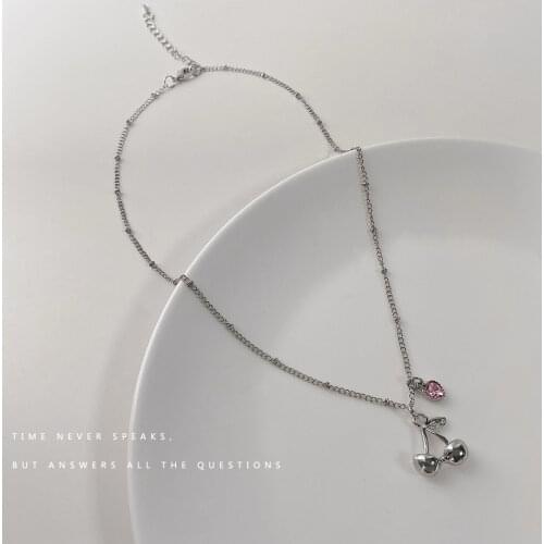 QiLuxy Fashion Heart Crystal Cherry Pendant Necklaces for Women Girl Cute Silver Color Choker Necklaces New Design Jewelry Gift