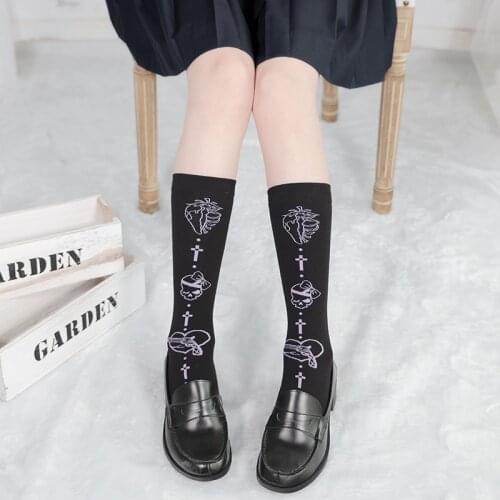 Original Lolita Girls Knitting Calf Socks Gothic JK Uniform Mid-length Socks Women Heart Bows Print Black Socks