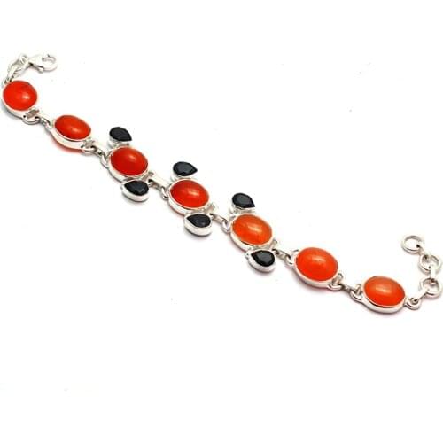 Genuine Carnelian + Black Onyx Bracelet 925 Sterling Silver, 19.5 cm, GRPB0387