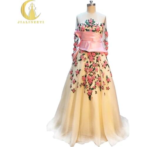 Rhine Real Sample Luxurious Long Sleeves Embroidery Flower Lace Champagne Floor Legth Sexy Srr Through Newest Evening dresses