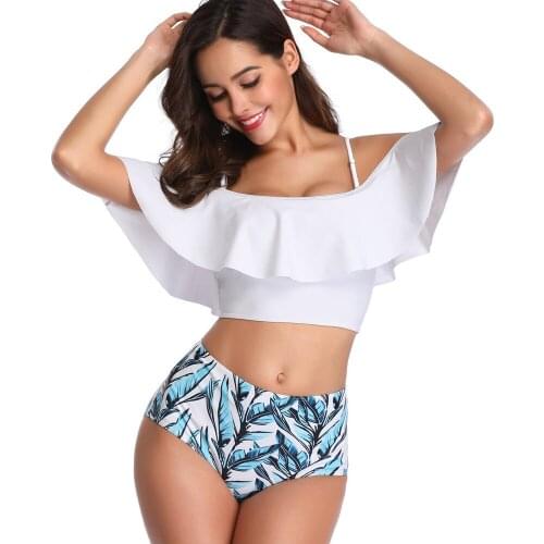 Sexy Off Shoulder Bikini Women Leaf Print Swimwear Push Up Swimsuit Ruffle Biquini High Waist Bikinis Pad Bathing Suit S-2XL