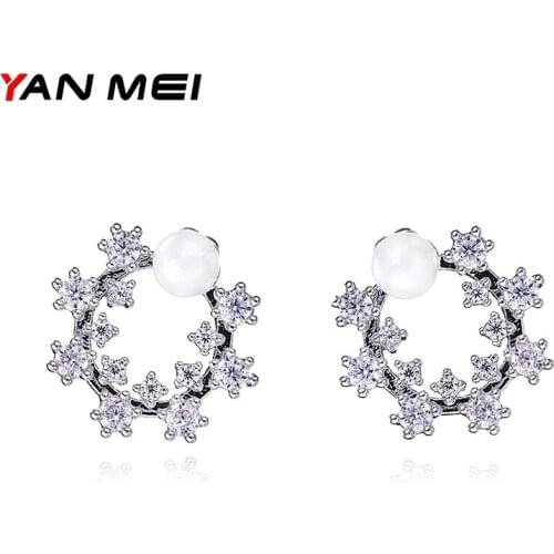 YANMEI Imitation Pearl Flower Shape Stud Earrings For Women Small Cute Crystal Girl Fashion Gift Boucle D'oreille YME7671Y