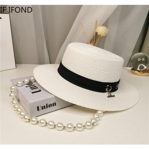 Elegant Retro Women New Wide Brim Straw Hat With Pearl Chain Summer Travel Vacation Foreign Atmosphere Flat Top Hat Bone