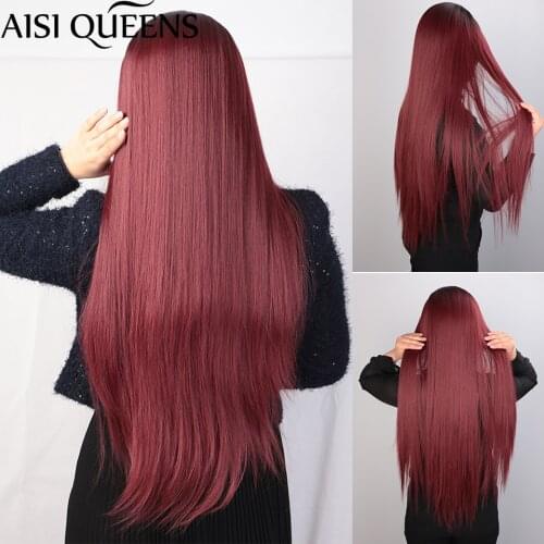 AISI QUEENS Long Straight Red Synthetic Wigs Middle Part Hairline Wig for Women Black Blonde White Daily Hair
