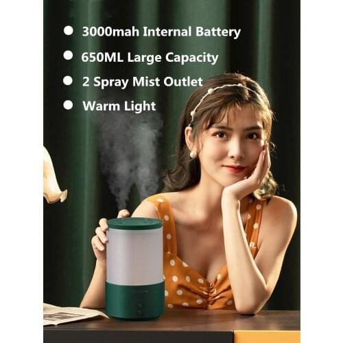 2 Mist Outlet Portable Air Humidifier Large Capacity 650ML 3000mAh Rechargeable Battery USB Aroma Diffuser Humidificador Lamp
