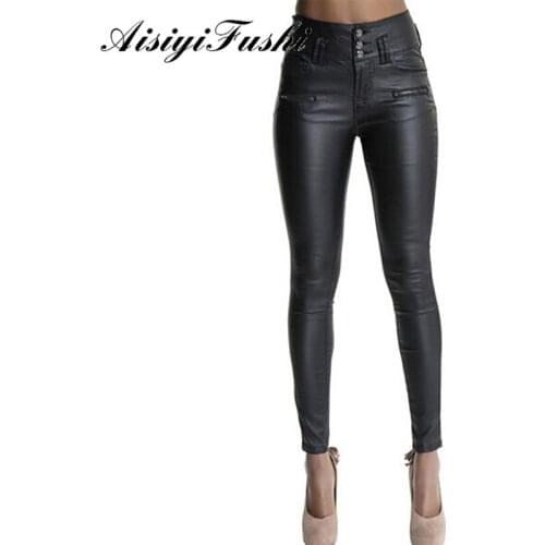 AISIYIFUSHI Skinny Leather Jeans Woman Sexy Tight Leather Jeans Pants Female High Waist Pencil Pants Women Leather Jeans Black