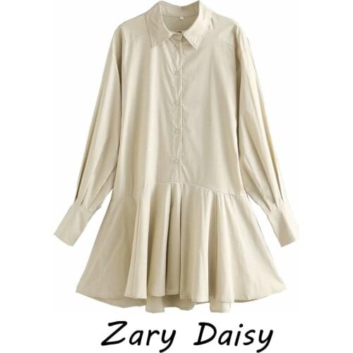 Zary Daisy Shirt Dress French Temperament Polo Collar Slim Lantern Sleeve A-line Skirt Large Swing Skirt