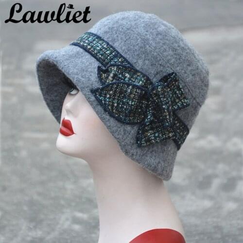 Lawliet Flower Floppy Women Winter Hat Wool Fedoras Bucket Hats Gray Black Gatsby Vintage Style Cloche Church Hats A374