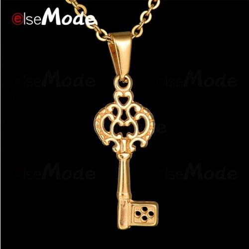 ELSEMODE Gold Hollow Keys Stainless Steel Pendants Necklaces Statement Necklace Valentines Day Gift Bijoux Femme