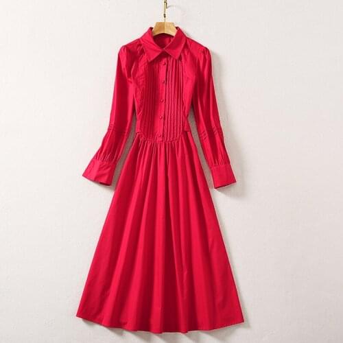 High Quality Newest Vogue Nice Spring Runway Shirt Collar Long Sleeves Buttons Red Dress