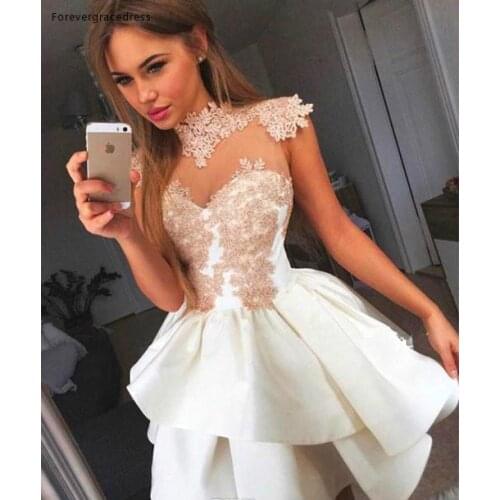 2019 Cheap Short High Neck A Line Lace Applique Homecoming Dress Juniors Sweet 15 Graduation Cocktail Party Dress Plus Size