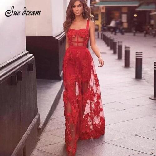 2020 Autumn Sexy Red Lace Womens Bandage Dress Spaghetti Strap Bodycon Club Perspective Fashion Party Long Dress Vestidos