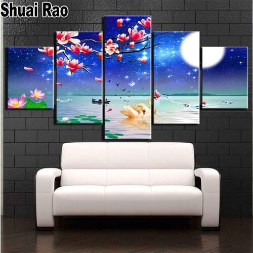 5 Panel 5d diy diamond painting Swan Lake moon Romantic Night cross stitch full square round drill mosaic diamond embroidery