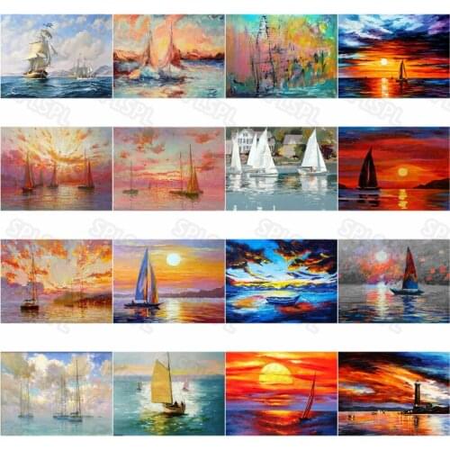 Diy Diamond Painting Colorful Sky Sunset Beautiful and Calm Sea High-End Sailing Boat Niche Personality Hanging Painting