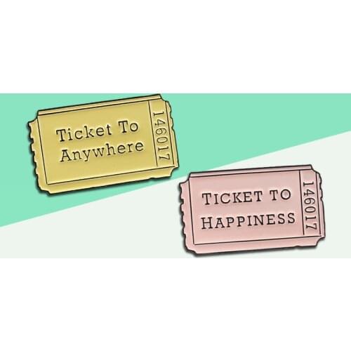 Ticket To Happiness Anywhere Brooch Lovely Charms Pins Lucky Punk Cool Denim Shirt Lapel Metal Jewelry For Traveler Lovers