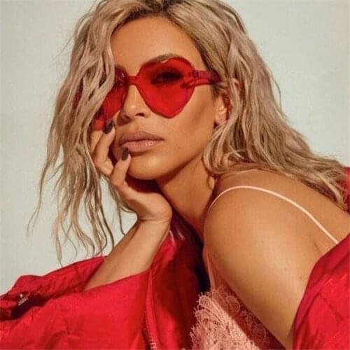 One Piece Love Heart Shaped Sunglasses Women Rimless Frame Tint Clear Lens Colorful Sunglasses Red Pink Yellow Shades UV400