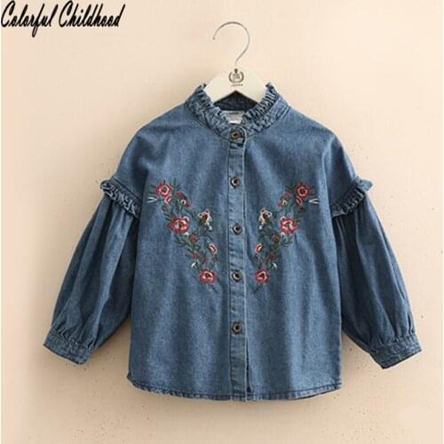 Baby Autumn Blouse Floral Embroidery Denim Stand Collar Shirt Fashion Toddler Kid Lantern Sleeve Jean Tops& Out Wear Baby Shirt
