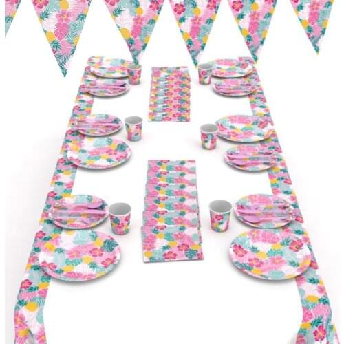 Optional Pink Pineapple Theme Decoration Party favors Plates Children Kids Birthday Party mask Disposable Tableware Sets