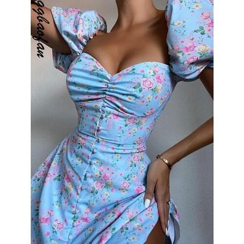 Ggbaofan Prairie Chic Floral Print Cottagecore Mini Dress Club Boho Puff Short Sleeve Dresses Bodycon Womens Clothing 2021
