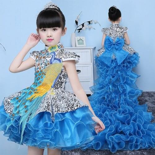 Blue peacock design dress for girls peacock bridesmaid dresses performance clothing emcee costumes children princess cosplay