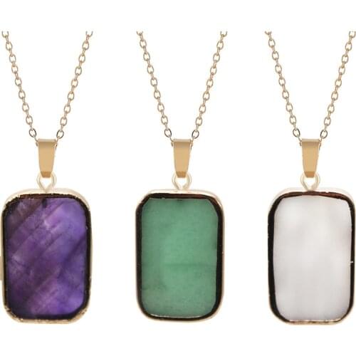 Healing Crystal Stone Square Pendant Necklace Reiki Natural Stone Purple Quartz Jewelry