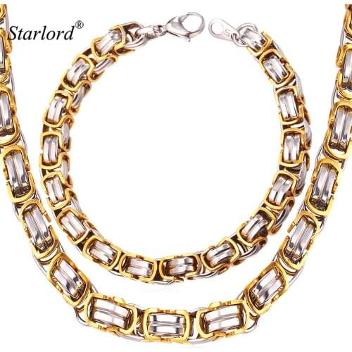 Starlord Stainless Steel Motorcycle Bracelet Necklace Set Trendy 9MM Thick Gold Color Flat Byzantine Jewelry Set For Men GNH1149