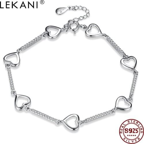 LEKANI 925 Sterling Silver Romantic Love Bracelet Women Simple Heart Charm Bracelets Fine Jewelry Anniversary Gift Hot Sale