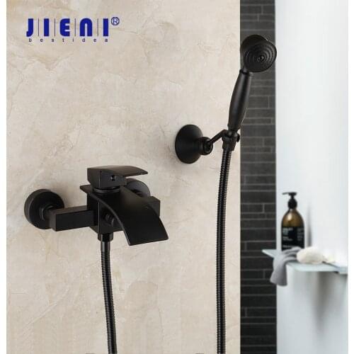 JIENI Matte Black Wall Mounted Bathroom Basin Sink Faucets Bathtub Shower Faucet Set Dual Handles Holes Mixer Tap Shower Set