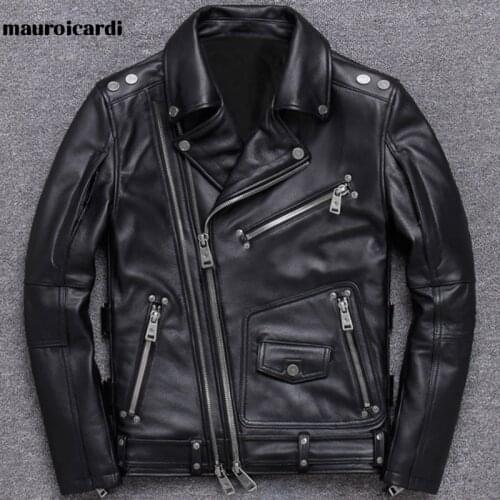 Mauroicardi Spring Black Leather Motorcycle Jacket for Men Style Long Sleeve Zipper Pockets Mens Leather Jackets and Coats 2021
