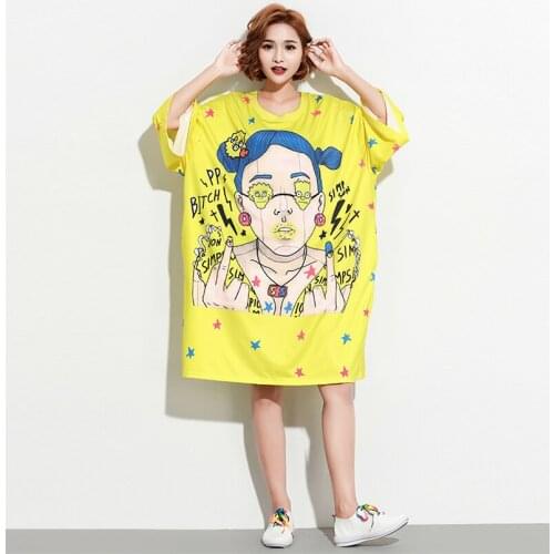 Fashion Character Print Womens Clothing Summer Half Sleeve Round Neck Streetwear Loose Plus Size Casual Midi T-Shirt Dress