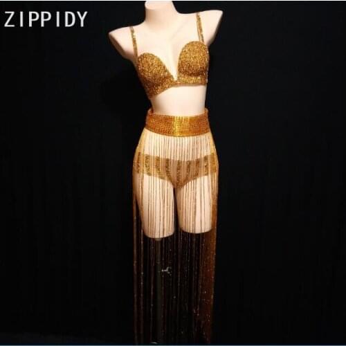 Fashion Gold Stones 3-piece Set Womens Costume Bikini Dance Flashing Clothes Rhinestones Bra Short Belt Prom Wear Outfit Set