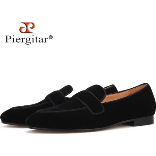 Piergitar 2019 Handmade Black colors mens loafers Fashion party and wedding men velvet shoes smoking slippers leather insole