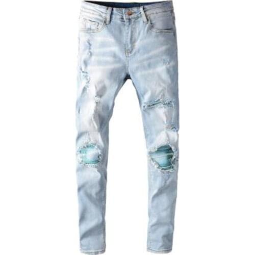 New Mens male fashion light blue patchwork ripped biker jeans Streetwear slim skinny holes distressed stretch denim pants