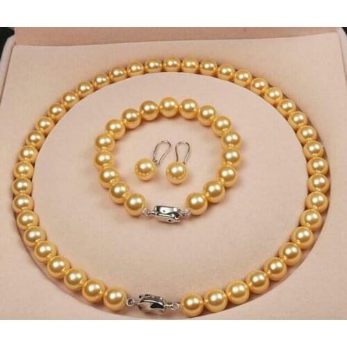 Prertty AAA+ 10MM Gold SOUTH SEA SHELL PEARL NECKLACE 18"+Bracelet+Earring Set