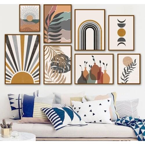 Monstera Plant Leaf Sun Rainbow Abstract Wall Art Canvas Painting Nordic Posters And Prints Wall Pictures For Living Room Decor