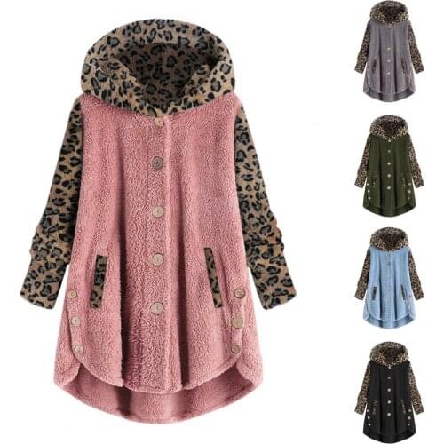 Autumn Winter Warm Fur Plush Coat Leopard Patchwork Single-breasted Hooded Jacket Women Hoodie Irregular Long Sleeve Streetwear
