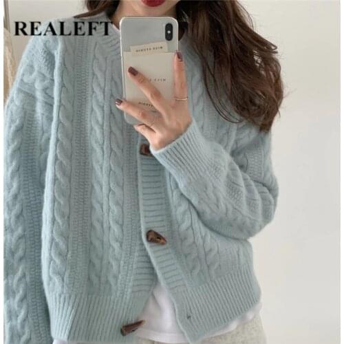REALEFT Autumn Winter Loose Womens Knitted Sweaters 2021 New Long Sleeve Single Breasted Cardigans Female Fashionable Chic Tops