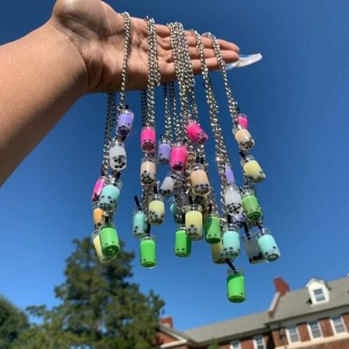 Resin Milk Tea Bottle Pendant Necklace for Women Girl Candy Color Handmade DIY Jewelry Drink Personality Accessories