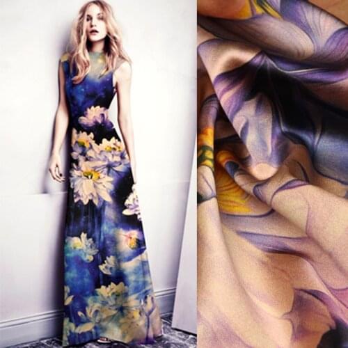 118cm wide 19mm 93% silk & 7% spandex blue purple lotus stretch silk satin fabric for dress shirt clothes cheongsam D778