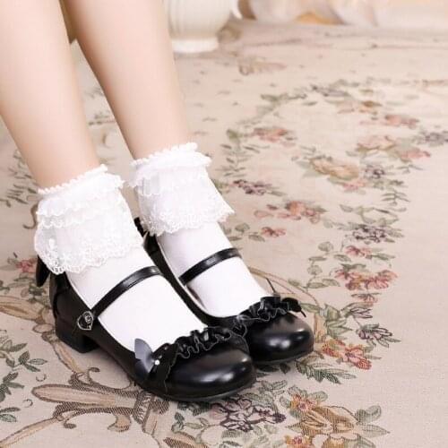 Lolita sweet japanese bow cute court jk student round head thick heel womens shoes Kawaii Girl Tea Party Low Heel Round Head